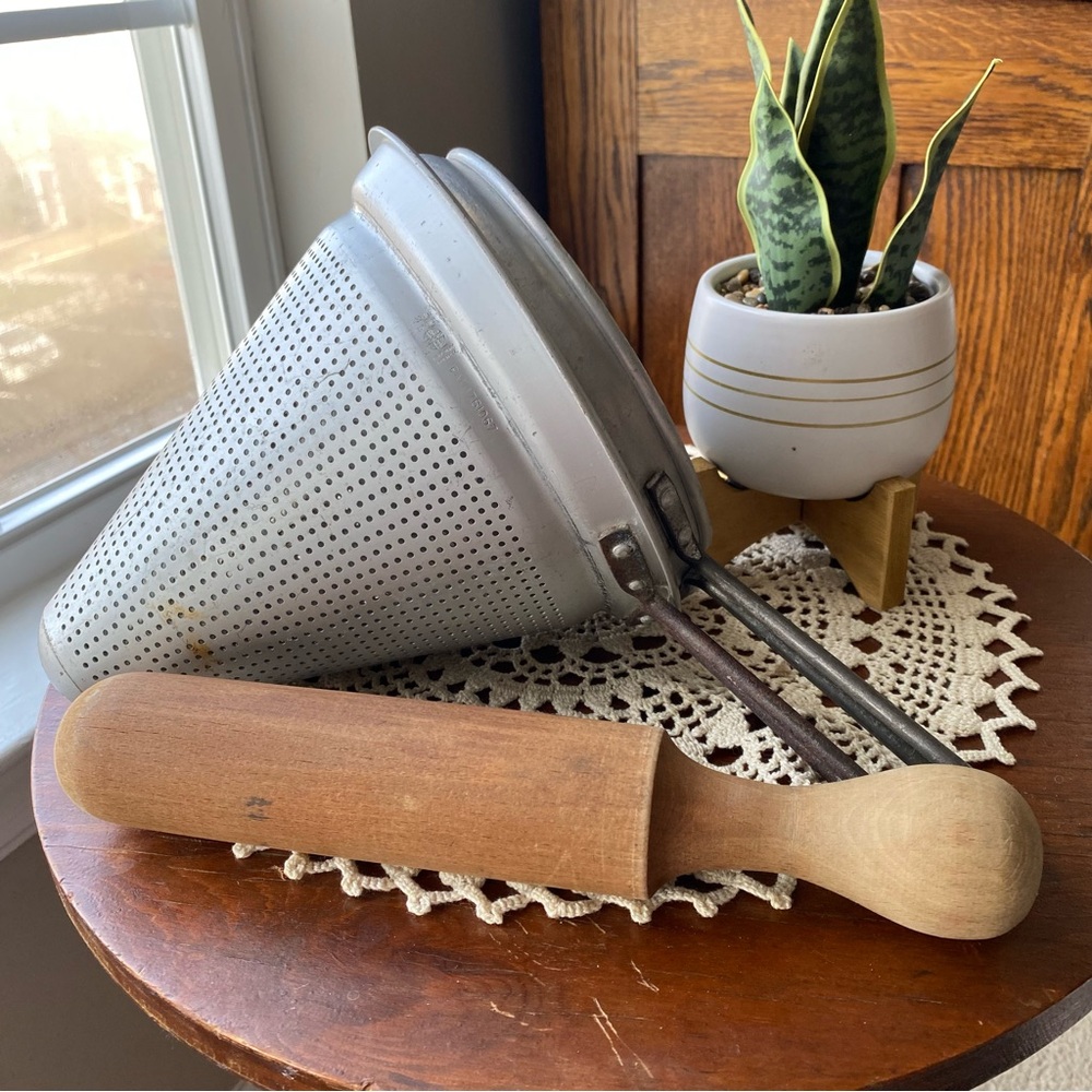 Vintage 2 Large Silver Sieve with Brown Wooden Pestle Made in the USA - EUC